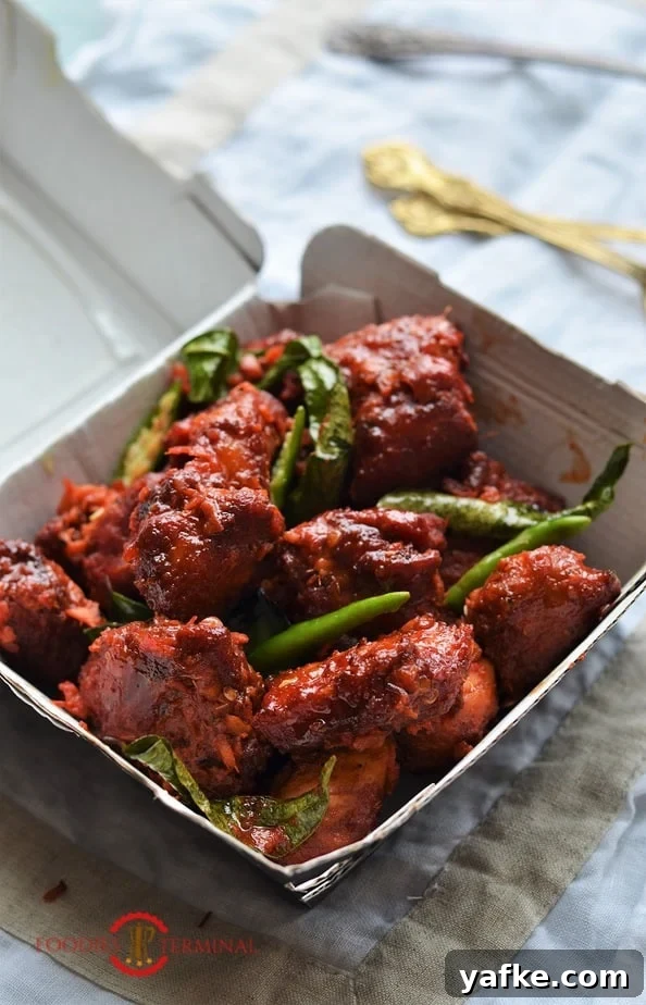 Instant Pot Chicken 65: Spicy South Indian Recipe 2 Chicken 65 served in a disposable box prepared by following Chicken 65 Recipe in Instant Pot by Foodies Terminal.