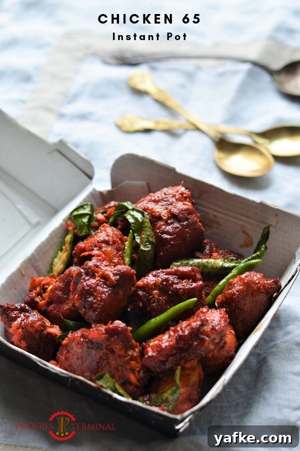 Instant Pot Chicken 65: Spicy South Indian Recipe 5 Chicken 65 with green chilies following Chicken 65 Recipe in Instant Pot by Foodies Terminal