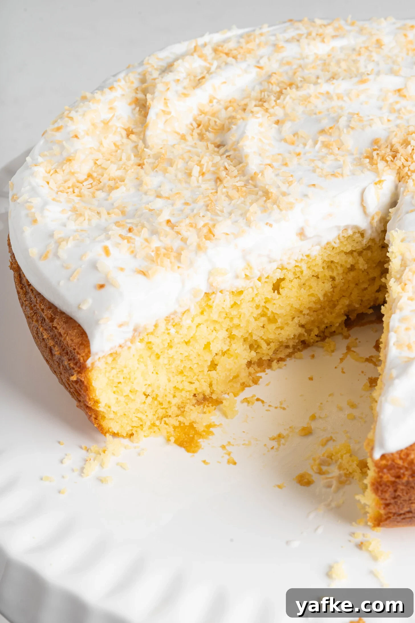 Moist Pina Colada Cake with Caramelized Pineapple 16 A pina colada cake on a cake stand.