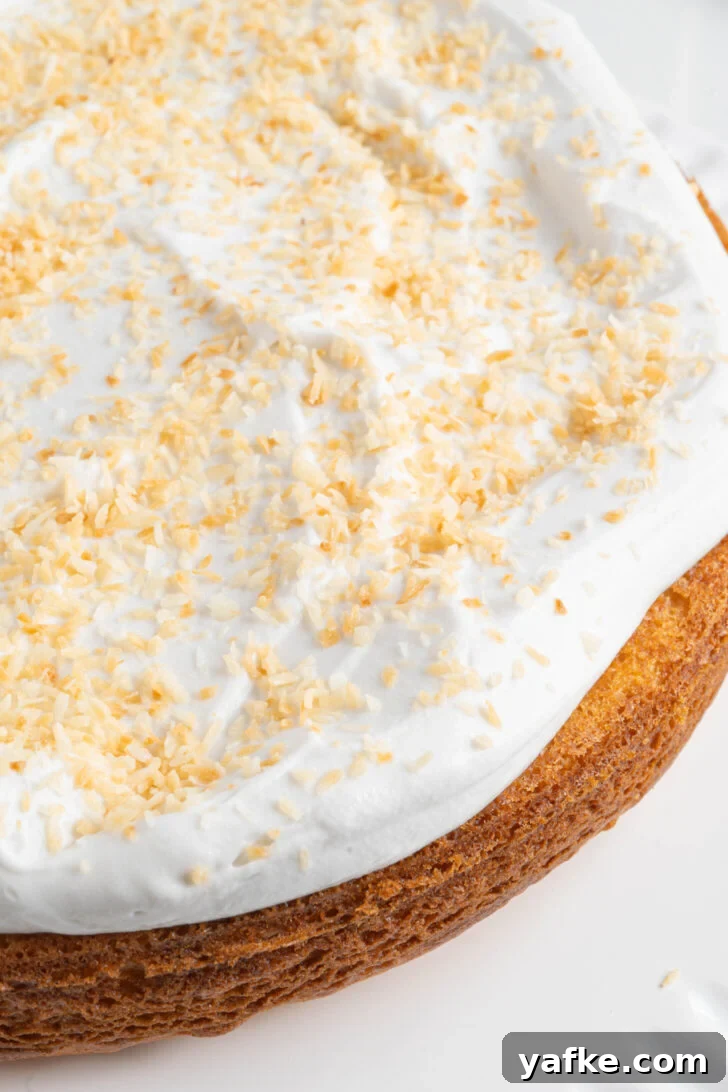 Moist Pina Colada Cake with Caramelized Pineapple 9 A pina colada cake on a cake stand.