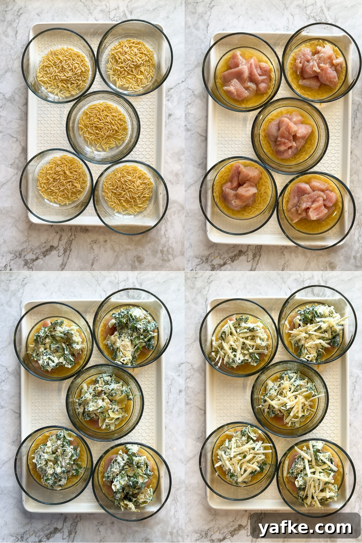 Creamy Spinach and Artichoke Chicken Orzo Bake Recipe 4 Ingredients for Spinach Artichoke Chicken Orzo Bakes including cheeses and vegetables.