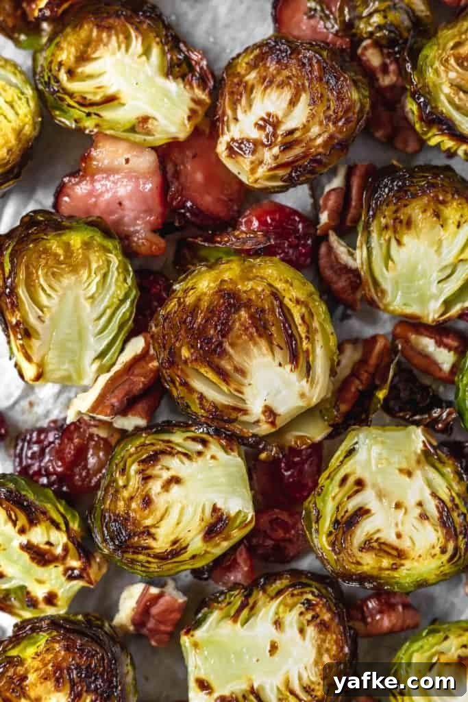 Roasted Brussels Sprouts with Bacon, Cranberries and Pecans 4 Caramelized brussels sprouts with pecans and cranberries