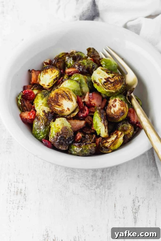 Roasted Brussels Sprouts with Bacon, Cranberries and Pecans 5 Roasted brussels sprouts with a golden-brown exterior