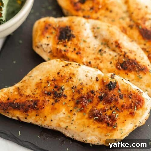 Low-Carb Chicken Recipes for Your Blackstone Griddle 3 Grilled chicken breasts seasoned with herbs and spices, served on a dark slate plate