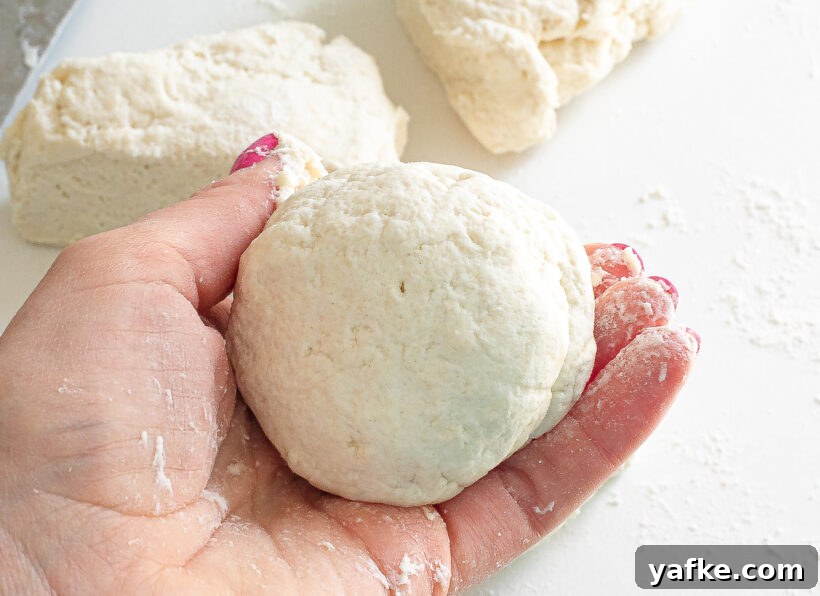 A hand holding a round ball of dough.